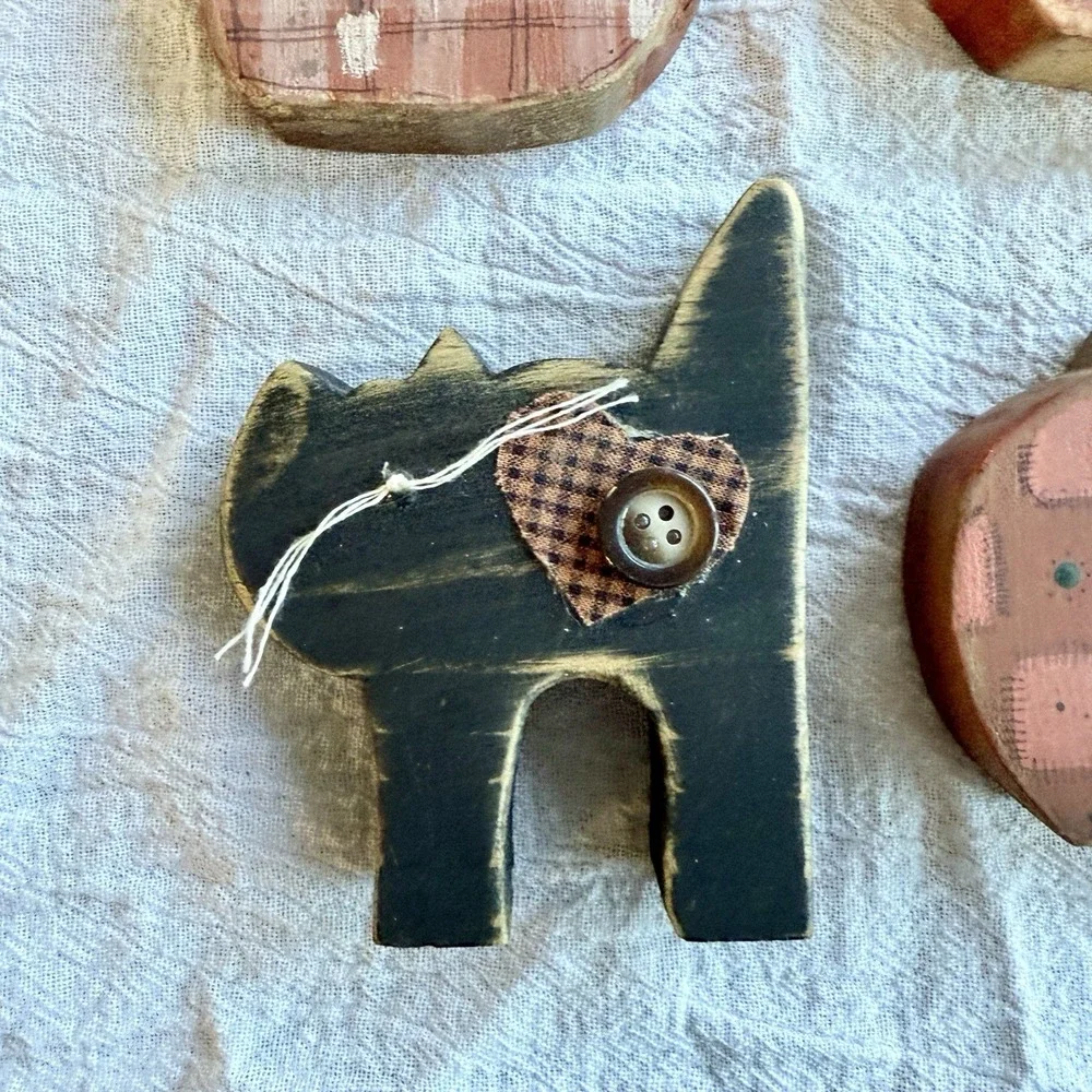 Wooden Handcrafted Pumpkin Set Black Cat Folk Country Halloween Hand Painted